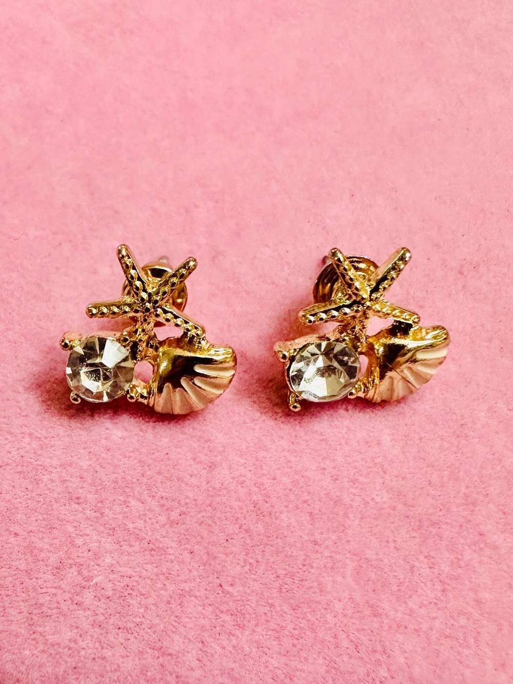 Gold Starfish Shell Rhinestone Stud Earrings